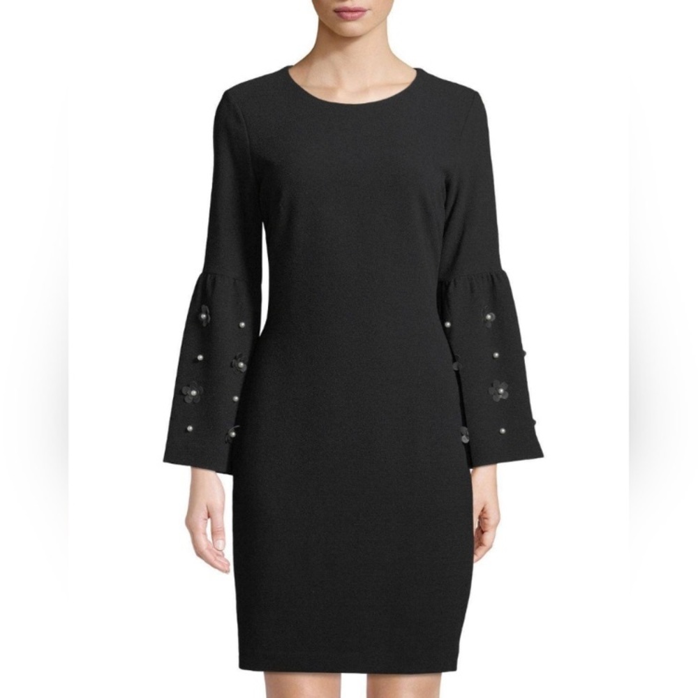 *Karl Lagerfeld Paris Black Floral Appliqué w/Faux Pearl Accents Shift Dress #E